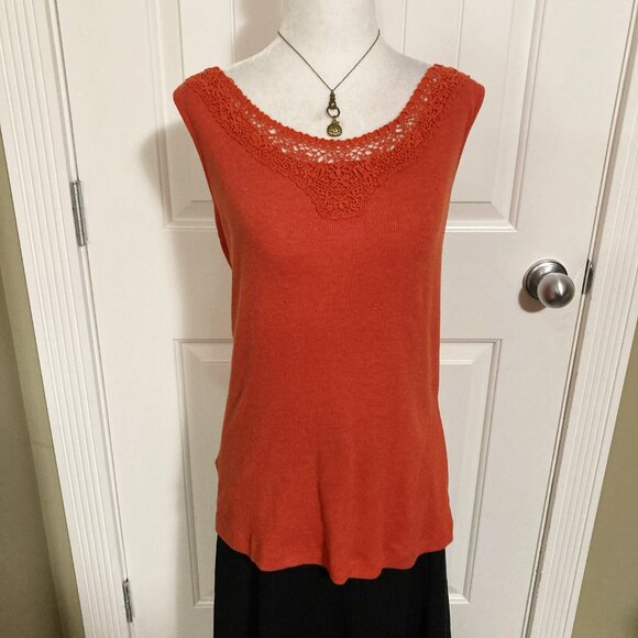 EDDIE BAUER Orange crochet floral lace trim ribbed tank top ~ MEDIUM LARGE shirt - Picture 3 of 11